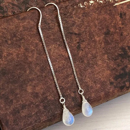 Moonstone Threader Earrings, Rainbow Moonstone Earrings, Minimalist Jewelry, Pull Through Chain Ear Threader, Summer Earrings, Gift for Her