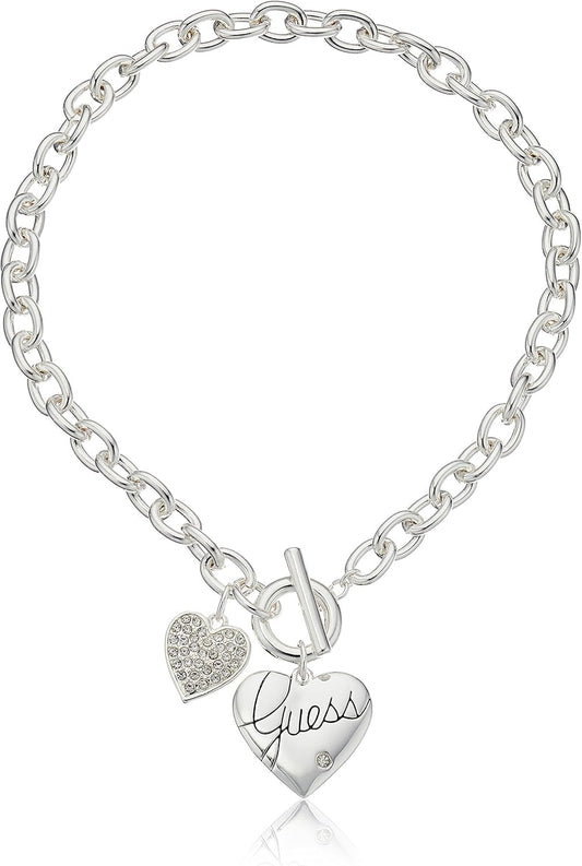 "Basic Silver Logo Heart and Pave Heart Toggle Pendant Necklace