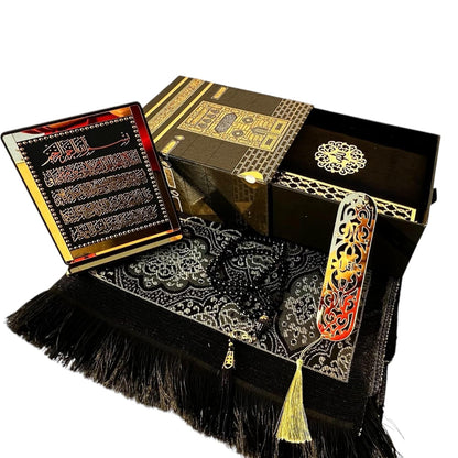 Muslim Prayer Rug, Islamic Gift Set, Velvet Full Arabic Quran, Elegant Kaaba Design Box, Ayat El Kursi Table Top, Prayer Beads, Bookmark, Janamaz, Salah Mat (KAABA)