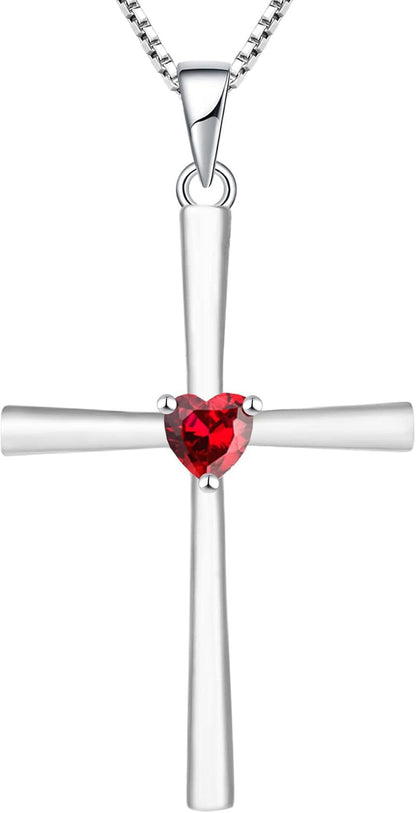 Women'S Cross Necklace 925 Sterling Silver Crucifix Pendant Heart Cut Birthstone Criss Jewelry