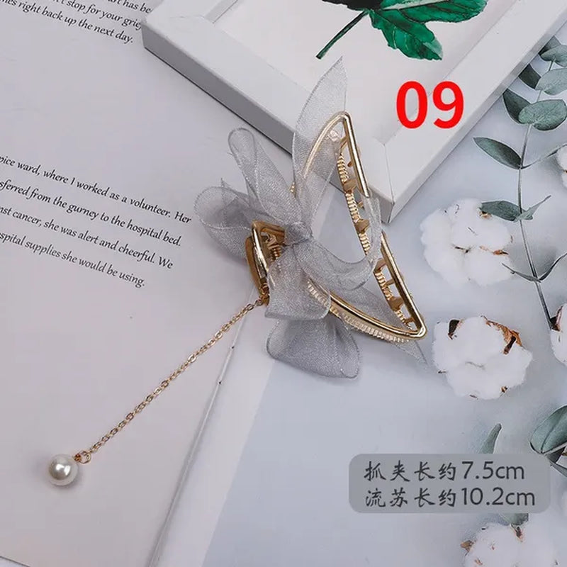 Bow Ribbon Pearl Pendant Tassel Hair Claw Hair Accessories Headdress Metal Grab Clip Hair Clip Shark Clip