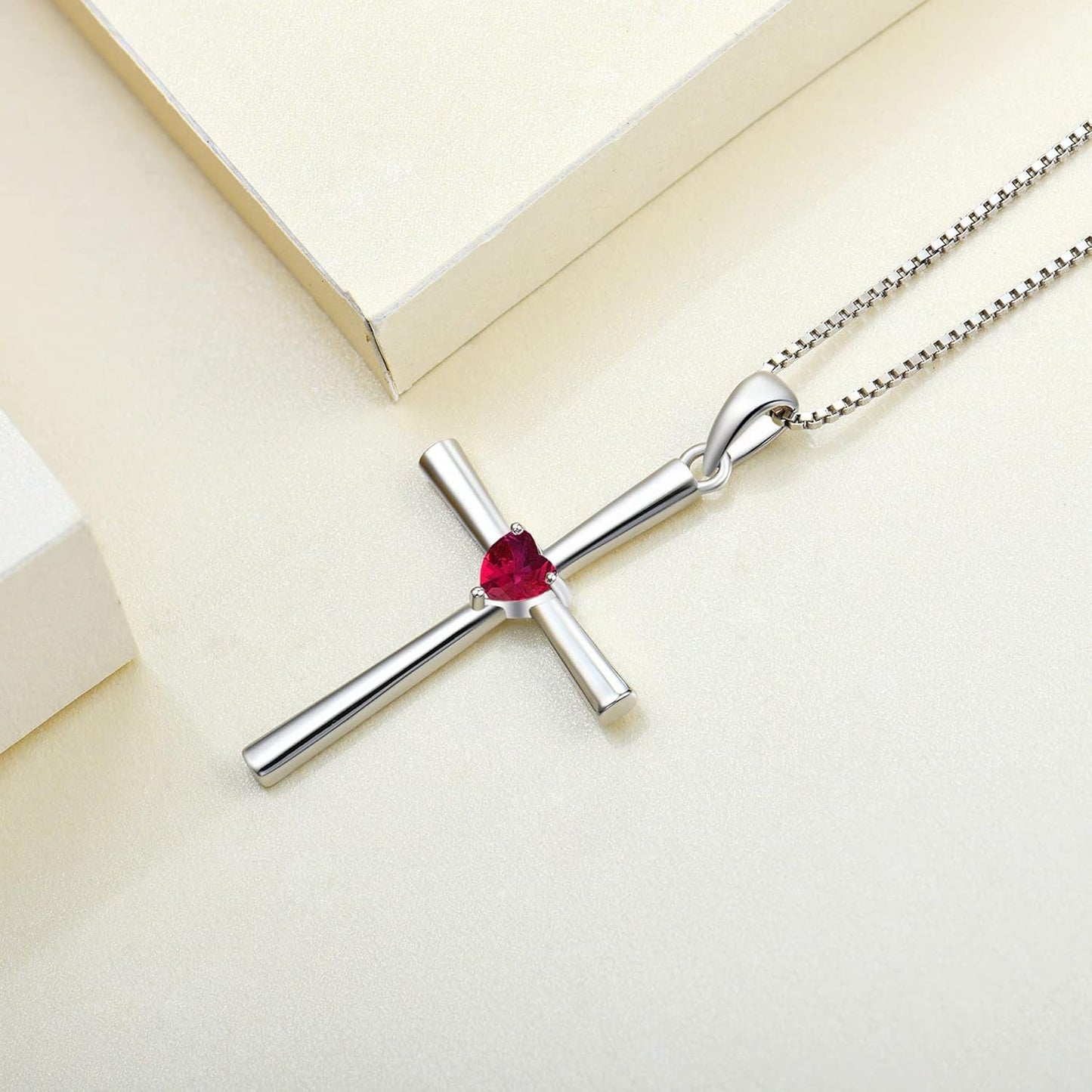 Women'S Cross Necklace 925 Sterling Silver Crucifix Pendant Heart Cut Birthstone Criss Jewelry
