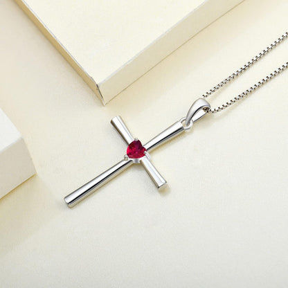 Women'S Cross Necklace 925 Sterling Silver Crucifix Pendant Heart Cut Birthstone Criss Jewelry