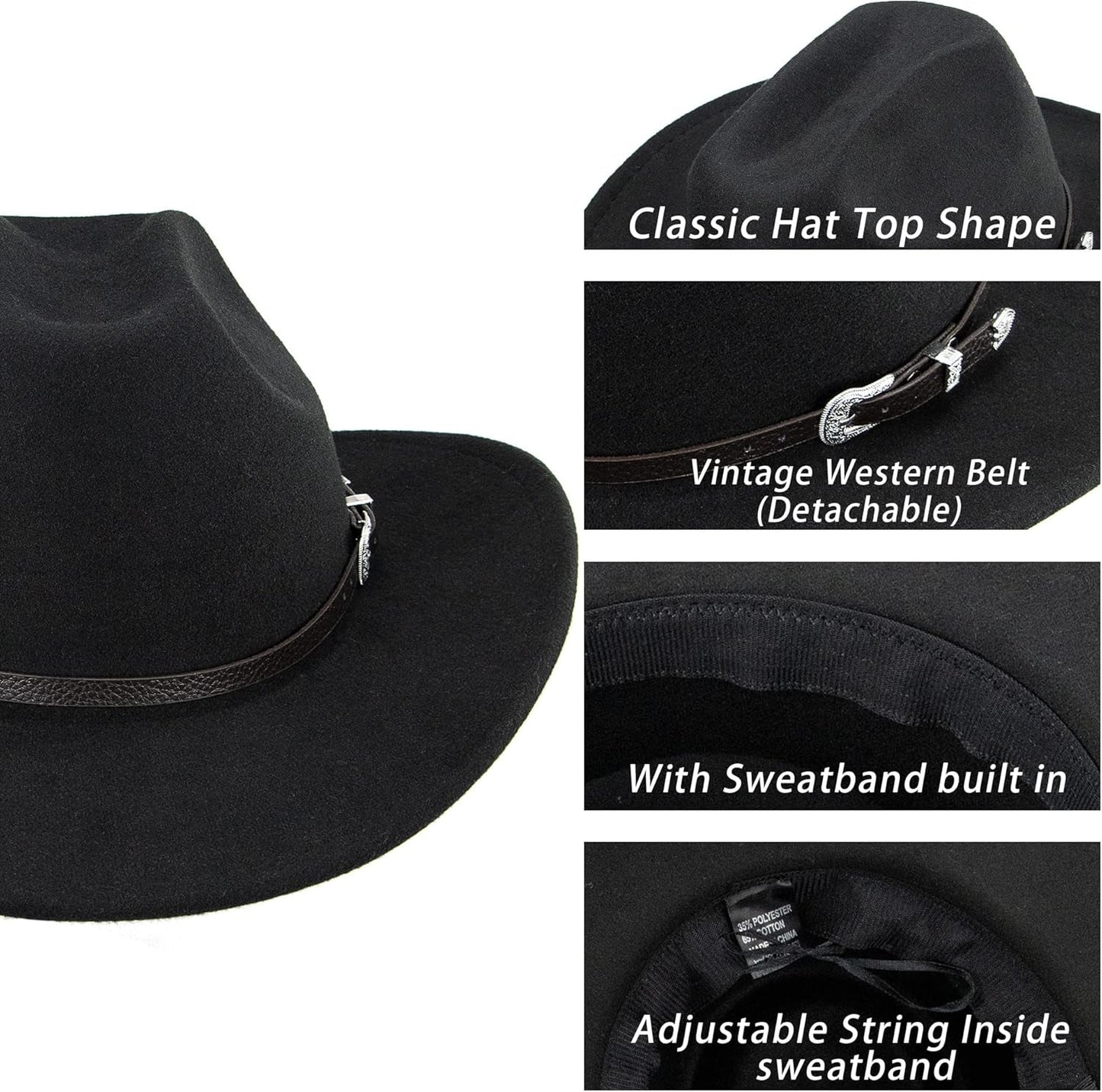 Western Cowboy Hat for Men Women Classic Fedora Hat with Buckle Belt (Size:M-L)