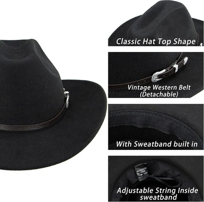 Western Cowboy Hat for Men Women Classic Fedora Hat with Buckle Belt (Size:M-L)