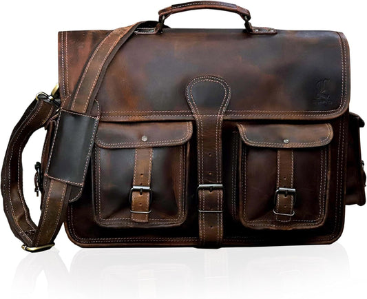 Leather Briefcase Work Bag for Men Women Dark Brown Crossbody Genuine Leather Satchel Office Bag for Men Women 18 Inch Computer Travel Messenger Laptop Shoulder Bag Cureo