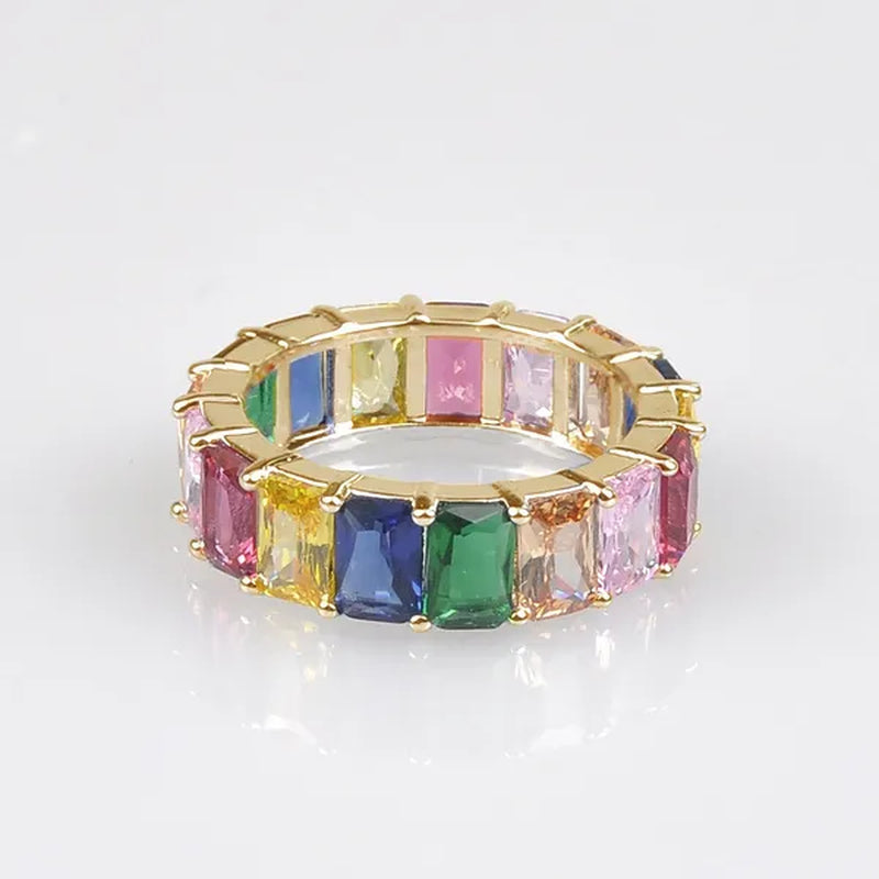 Silver Ring Colored Square Rainbow Ring Statement Crown Ring Natural Gemstones Ring Wedding Bride Engagement Band Charm Party Ring Jewelry