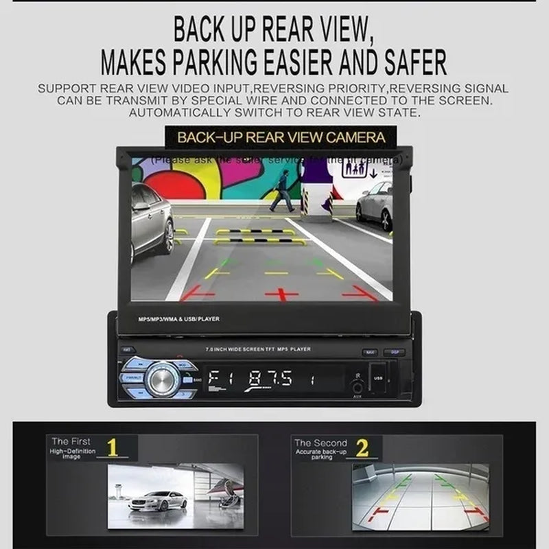 1DIN 7" HD Retractable Touch Screen Car Stereo Audio Bluetooth Car Radio Support Bluetooth/Usb/Aux/Fm/Am Mirrorlink+ SWC+ Rearview Camera (Optional)