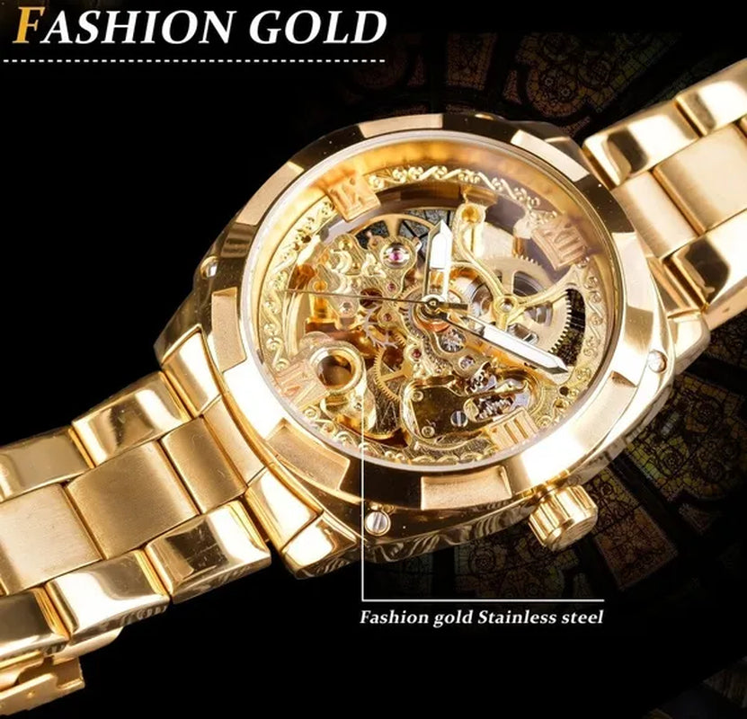 FORSINING New Top Quality Men Luxury Skeleton Automatic Winding Mechanical Watches Gold Stainless Steel Waterproof Wristwatch with Gift Box
