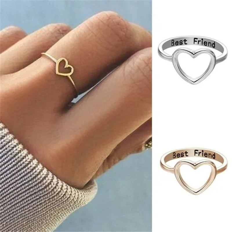 18K Gold Heart Shaped Hollow-out Ring Silver/Rose Gold Letter Rings for Best Friend Sz 6-10