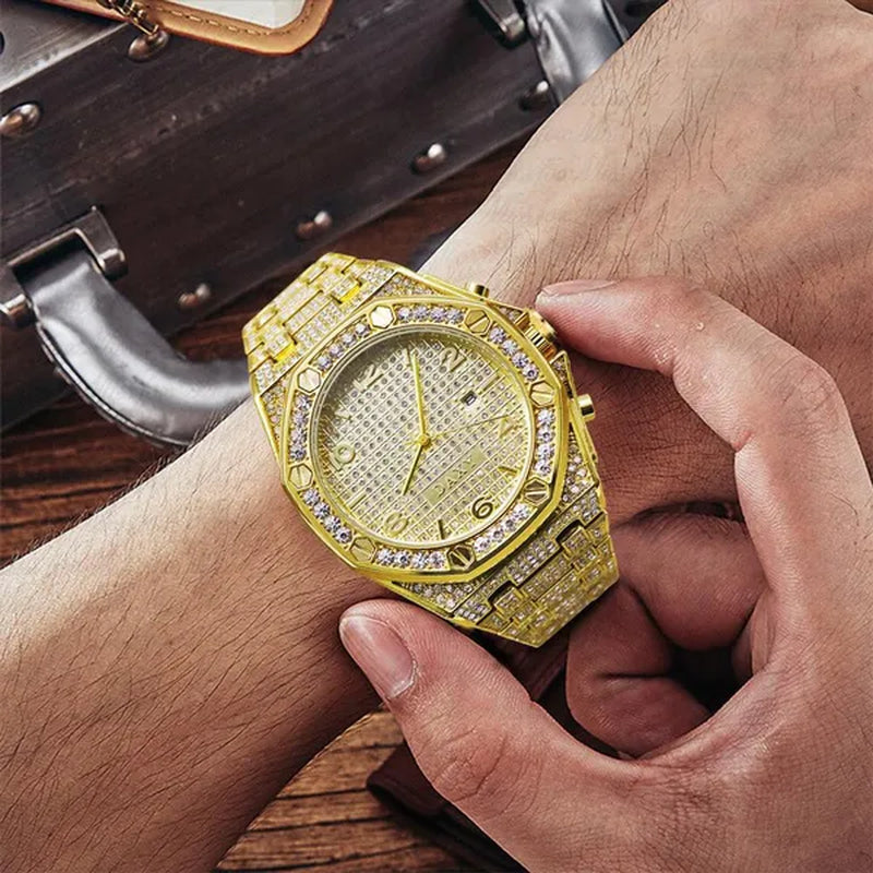 Mens Fashion Watches Luxury Gold Analog Watch Calender Man Hip Hop Bracelet Watch Diamond Quartz Wristwatches