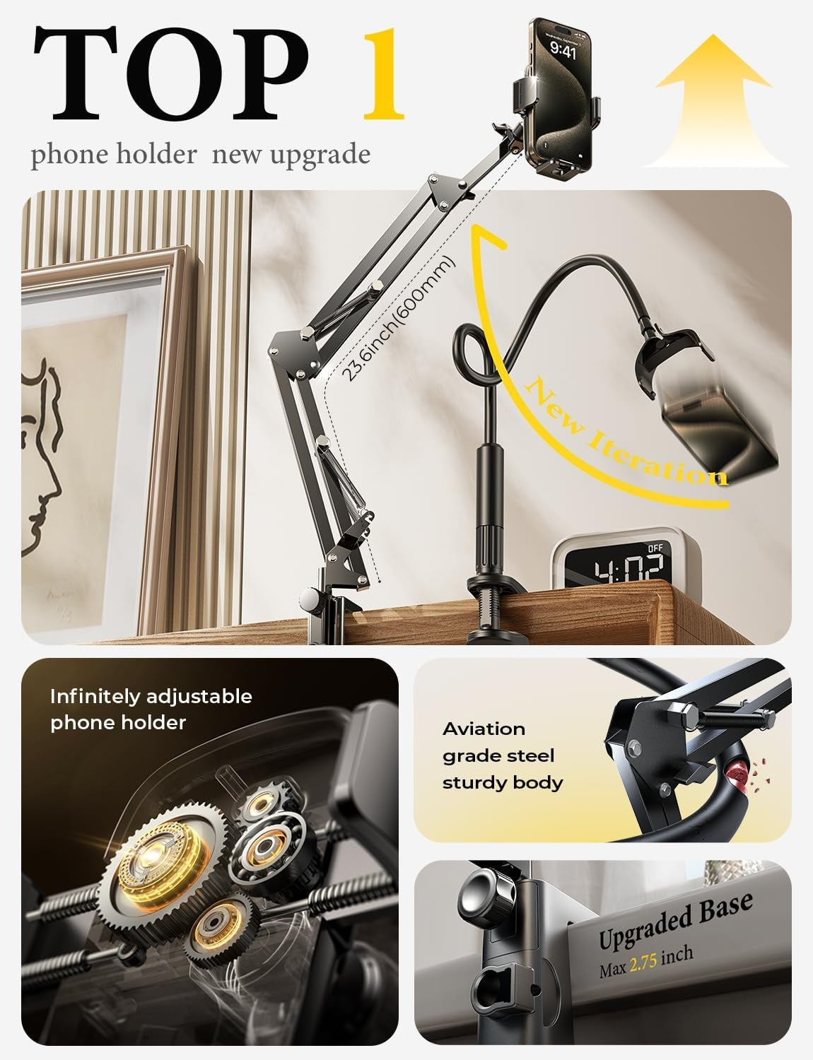 for Gooseneck Phone Holder for Bed Desk [3Rd Upgrade] Cell Phone Stand for Desk Bed Iphone Holder Laying Down,Flexible Arm Clamp Clip Phone Mount Stand for Filming Fits Iphone 15 Max,Silver