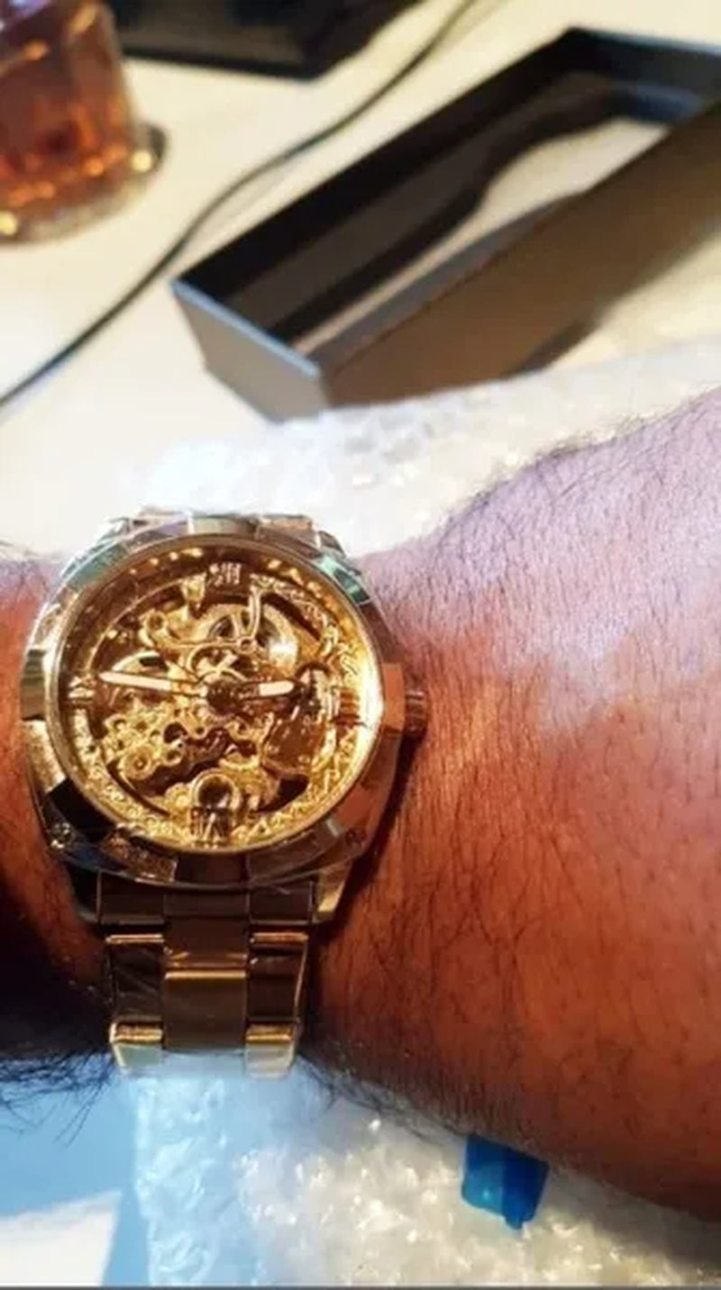 FORSINING New Top Quality Men Luxury Skeleton Automatic Winding Mechanical Watches Gold Stainless Steel Waterproof Wristwatch with Gift Box