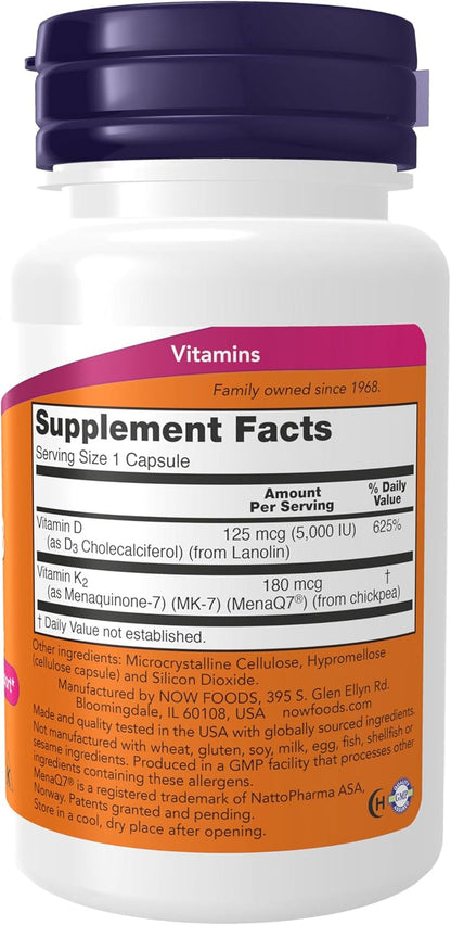 Supplements, Mega D-3 & MK-7 with Vitamins D-3 & K-2, 5,000 IU/180 Mcg, Bone & Cardiovascular Support*, 60 Veg Capsules