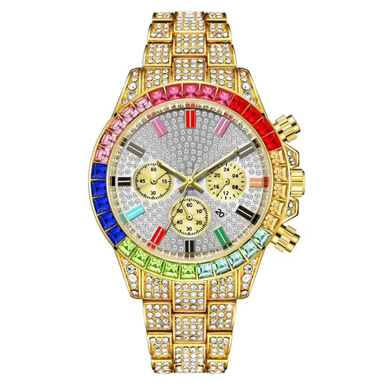 Men Watch Luxury Brand  Mens Gold men Watch Quartz Clock Chronograph colorful Diamond Steel Iced Out Watch Reloj Hombre