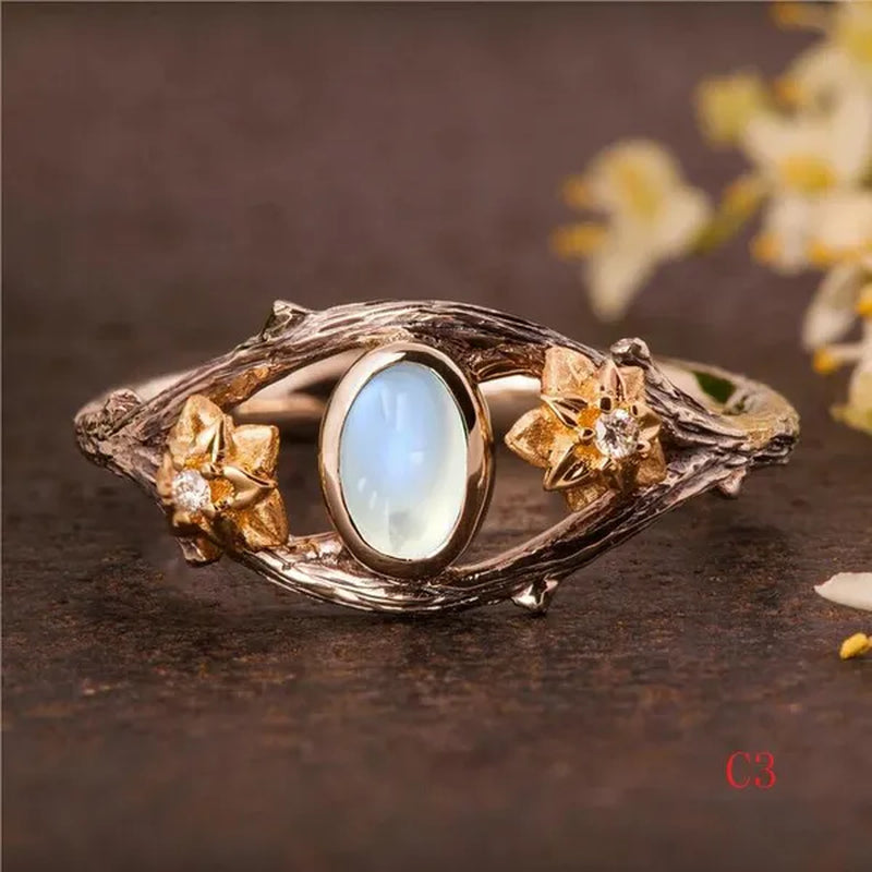 Vintage Maple Leaves & Flower Ring Set Antique Silver Women'S Fashion Twig Leaf Opal & Moonstone Ring Anniversary Gift Engagement Bridal Wedding Jewelry Rings Size 5-10