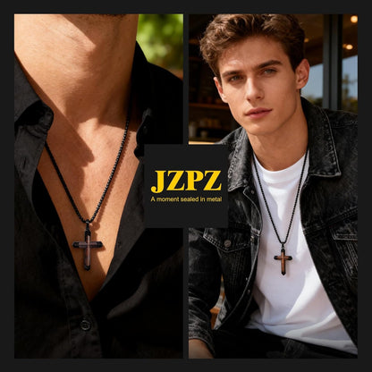 Wooden Cross Necklace for Men : 24'' Strong Chain Wood Christian Crosses Pendant,Silver/Black/Gold Plated Stainless Steel Religious Crucifix,Premium Gift for Him,Son,Husband,Boyfriend,Birthday