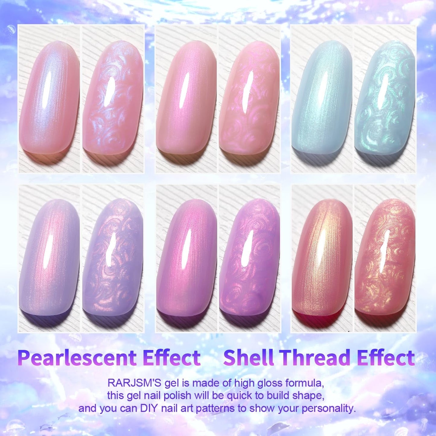 Pearlescent Gel Nail Polish Set Mermaid Dreams Iridescent Shell Glitter Gel Polish 6 Colors Pink Blue Green Purple Gold Shimmer Swirl Thread Effect Soak off LED UV Curing Requires Home Salon