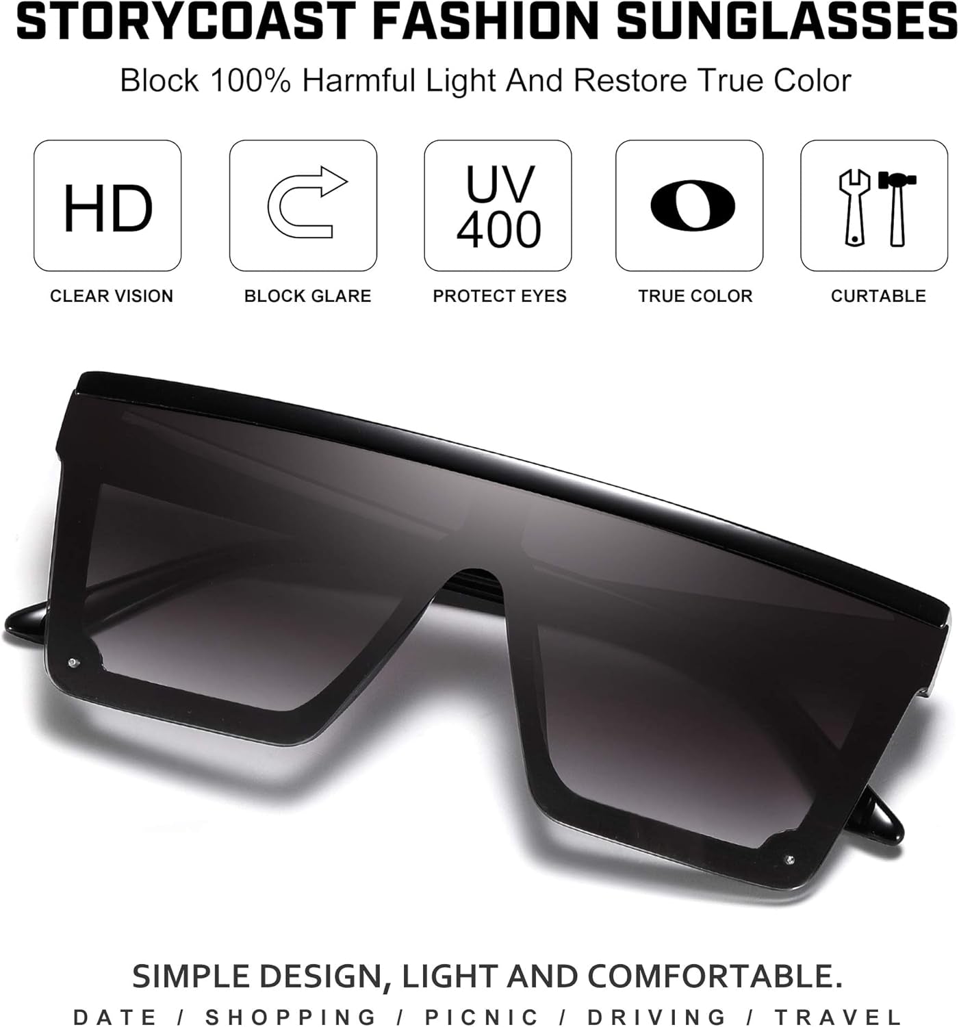 Square Sunglasses for Women Men Fashion Big Frame Flat Top Sun Glasses Mirror Lens