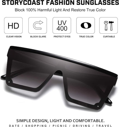 Square Sunglasses for Women Men Fashion Big Frame Flat Top Sun Glasses Mirror Lens