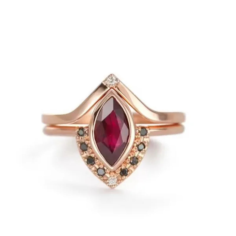 Unique Natural Rhombus 2 in 1 Ruby Engagement  Rose Gold Ring Marquise Bridal  Wedding Ring With Black Diamonds Women Ruby Ring Diamond Fine Jewelry