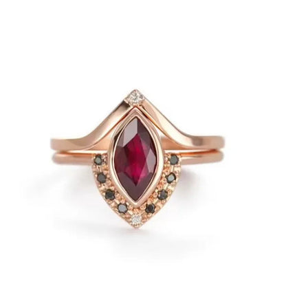 Unique Natural Rhombus 2 in 1 Ruby Engagement  Rose Gold Ring Marquise Bridal  Wedding Ring With Black Diamonds Women Ruby Ring Diamond Fine Jewelry