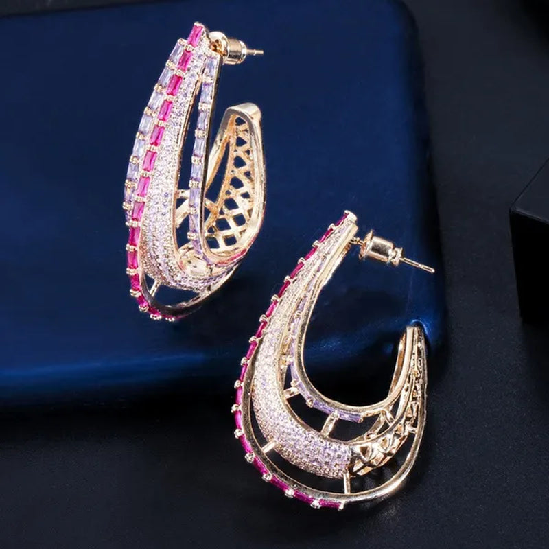 CANDICE Dubai Luxury Trendy Ear Jewelry Full Micro Pave Rose Red Purple CZ Crystal Hollow-out Design Arc Hoop Earrings for Dinner Party