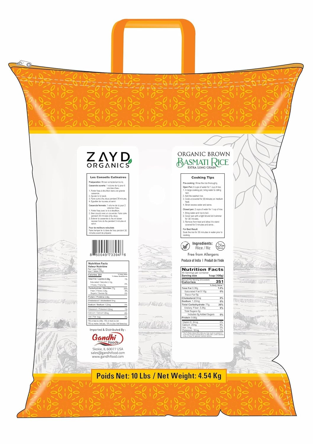 Zayd Organic Brown Basmati Rice, Indian Traditional Extra Long Basmati Rice, Vegan, Fresh, USDA Organic, 10Lbs
