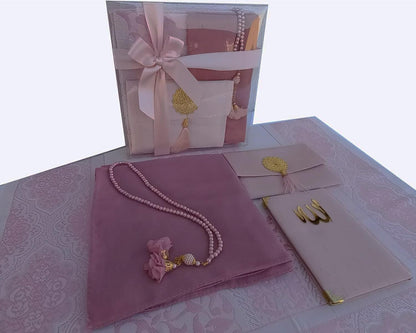 Muslim Prayer Rug | 5 in One Prayer Mat, Short Surahs Book, Tasbeeh, Scarf , Quran Case Set | Pearl Prayer Beads | Islamic Gift for Her, Occasions | Birthday Gift|(Pink)