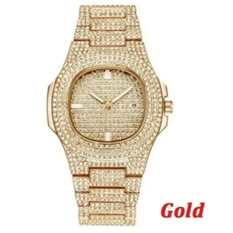 Men's Hip Hop Fashion Luxury 18K Gold and 925 Silver Ice-wound Hip Hop Diamond Watch Miami Cuban Bracelet and Ladies Watch Silver Diamond Bracelet Men and Women Hip Hop Party Jewelry