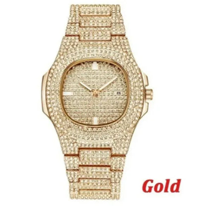 Men's Hip Hop Fashion Luxury 18K Gold and 925 Silver Ice-wound Hip Hop Diamond Watch Miami Cuban Bracelet and Ladies Watch Silver Diamond Bracelet Men and Women Hip Hop Party Jewelry
