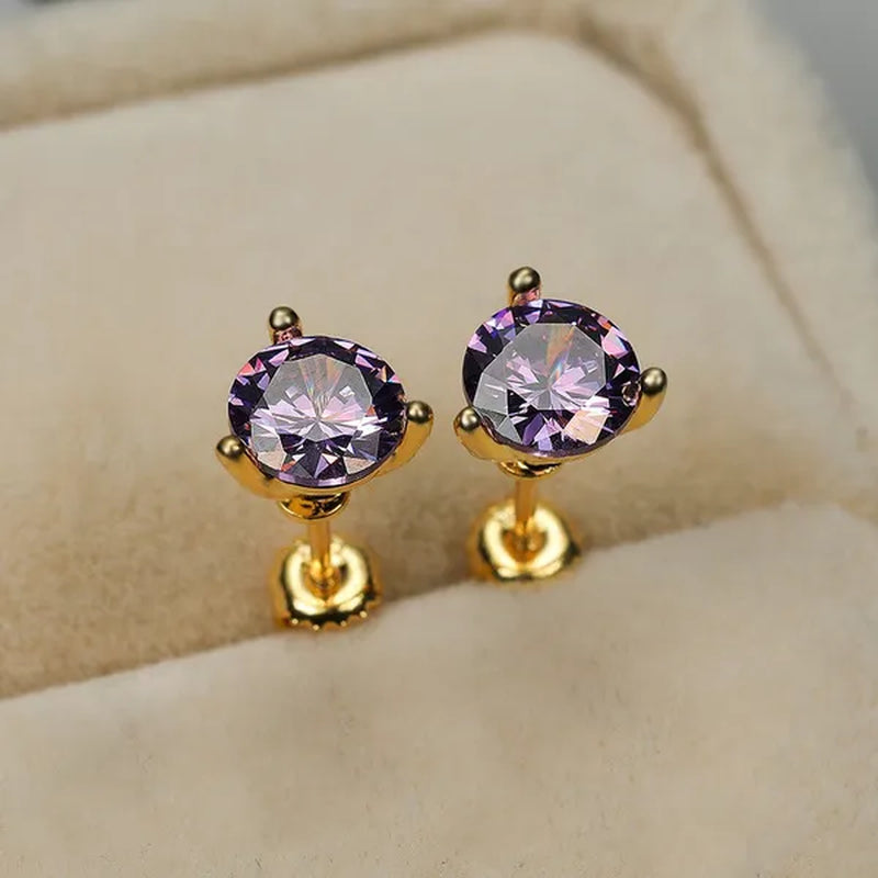 Chic 18K Gold Three-Prong Martini Round Amethyst Stud Earrings Bride Wedding Engagement Jewelry Gifts 6mm/7mm/8mm