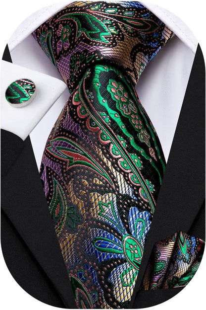 Silk Paisley Ties for Men Necktie Pocket Square Cufflinks Set Foral Tie Sets Formal Business
