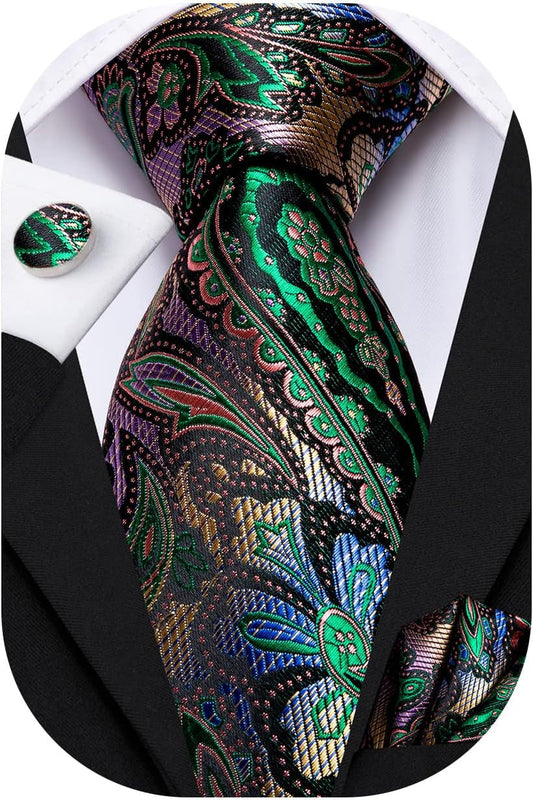 Silk Paisley Ties for Men Necktie Pocket Square Cufflinks Set Foral Tie Sets Formal Business