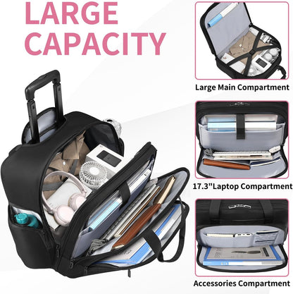 Rolling Laptop Bag, 17.3 Inch Premium Laptop Briefcases with Wheels for Men & Women, Waterproof Rolling Computer Bag Work Bag Laptop Case for Travel Work Office Business