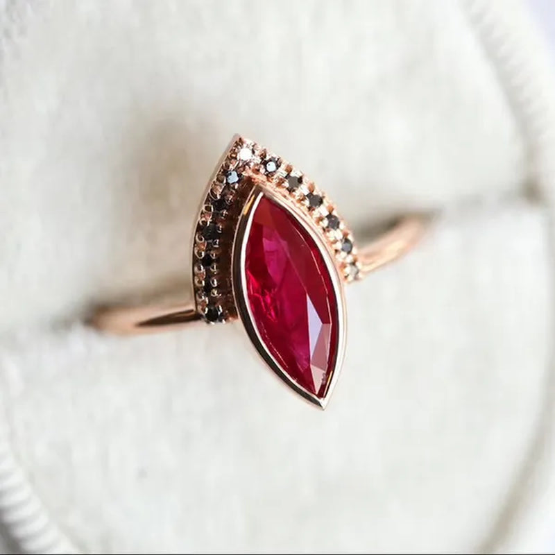Unique Natural Rhombus 2 in 1 Ruby Engagement  Rose Gold Ring Marquise Bridal  Wedding Ring With Black Diamonds Women Ruby Ring Diamond Fine Jewelry