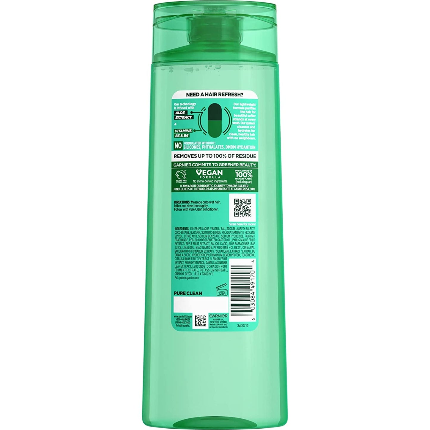 Fructis Pure Clean Purifying Shampoo, Silicone-Free, 12.5 Fl Oz, 1 Count (Packaging May Vary)