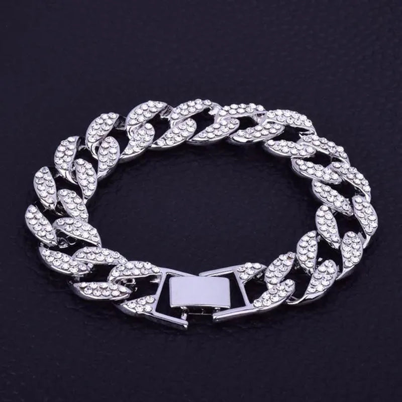 2 Pcs/set Luxury Full Iced Out Watch Mens Cuban Link Chain Bracelet Watch Bling Jewelry for Men Big Gold Chains Hip Hop Men Watch Set