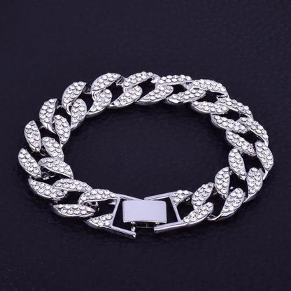 2 Pcs/set Luxury Full Iced Out Watch Mens Cuban Link Chain Bracelet Watch Bling Jewelry for Men Big Gold Chains Hip Hop Men Watch Set