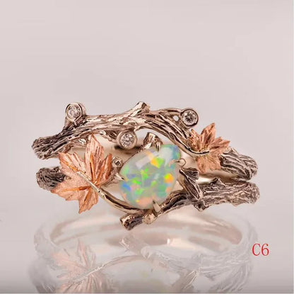 Vintage Maple Leaves & Flower Ring Set Antique Silver Women'S Fashion Twig Leaf Opal & Moonstone Ring Anniversary Gift Engagement Bridal Wedding Jewelry Rings Size 5-10