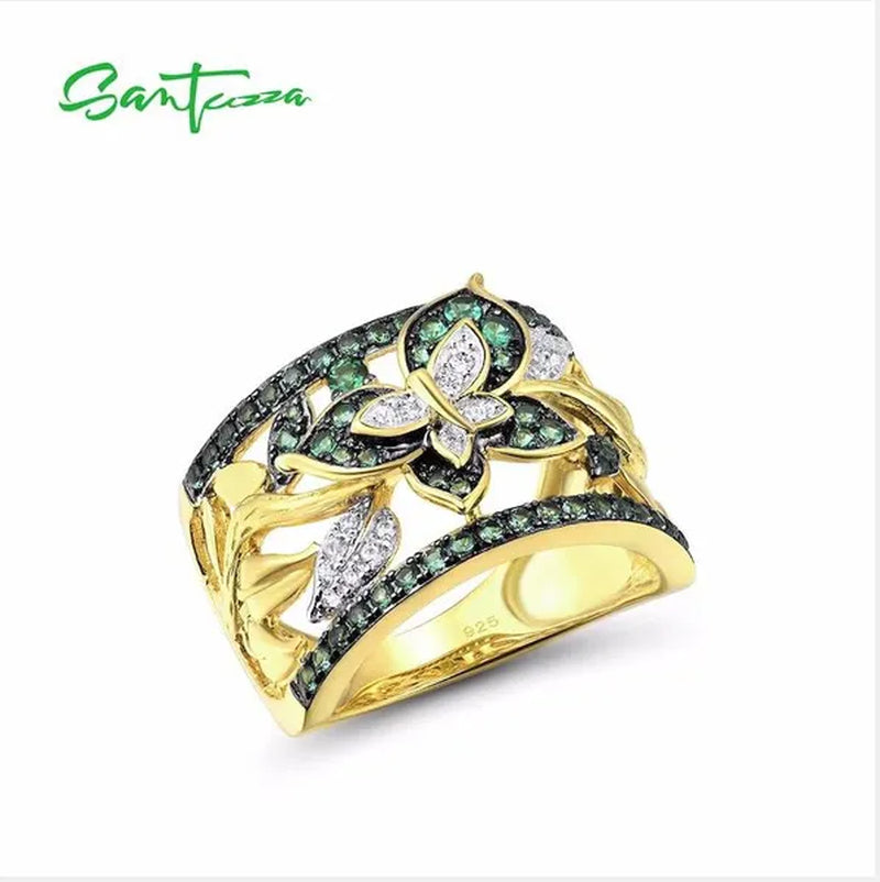 Luxury Exquisite Women's Fashion Gold Plated Cubic Zircon Handmade Green Butterfly Ring Anniversary Gift Engagement Bridal Wedding Jewelry Rings Size 5-10