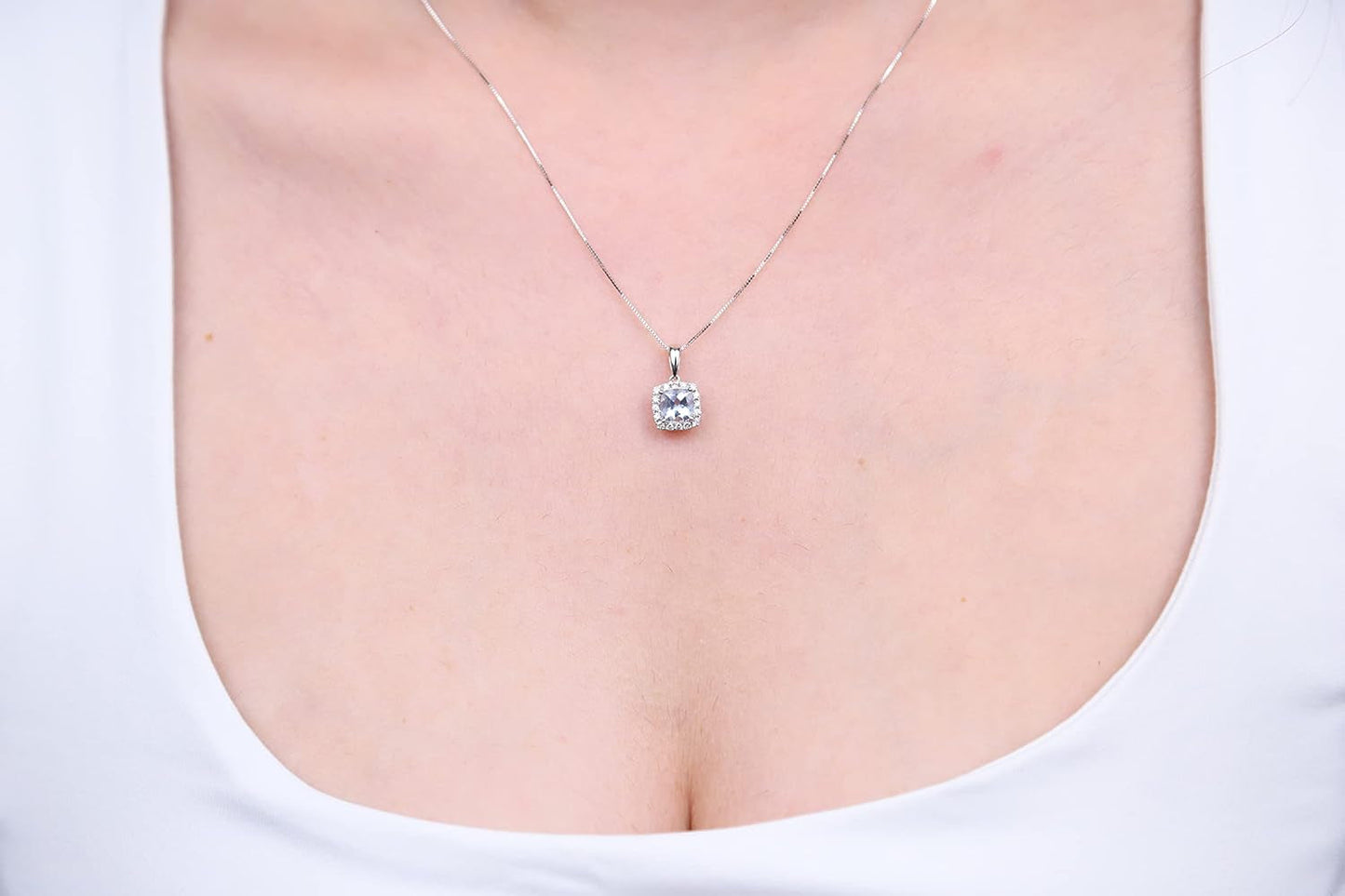 Women'S 10K White Gold Genuine Aquamarine Pendant with Diamonds (Cushion-Cut) Shaped (GJ16156P-AQ)