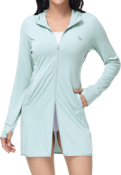 Women'S Long Sleeve Zip Beach Coverup UPF 50+ Sun Protection Hooded Cover up Shirt Dress with Pockets
