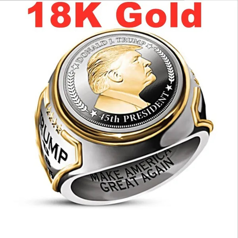 Exquisite 925 Sterling Silver Plated Mens Fashion Ring Two Tone 18K Gold Plated"Make America Great Again" USA President Statue Commemorative Coin Rings General Election Trump Supporters Jewelry Successfully Elected Souvenir Gift Size 6 - 13