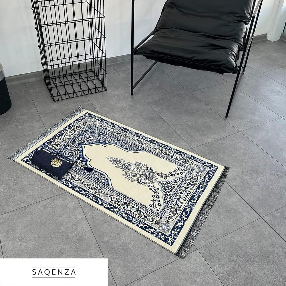 Prayer Rug - Muslim Prayer Rug - Prayer Mat Travel Bag and Prayer Beads - Muslim Gifts for Men Women and Kids (Darkblue 2