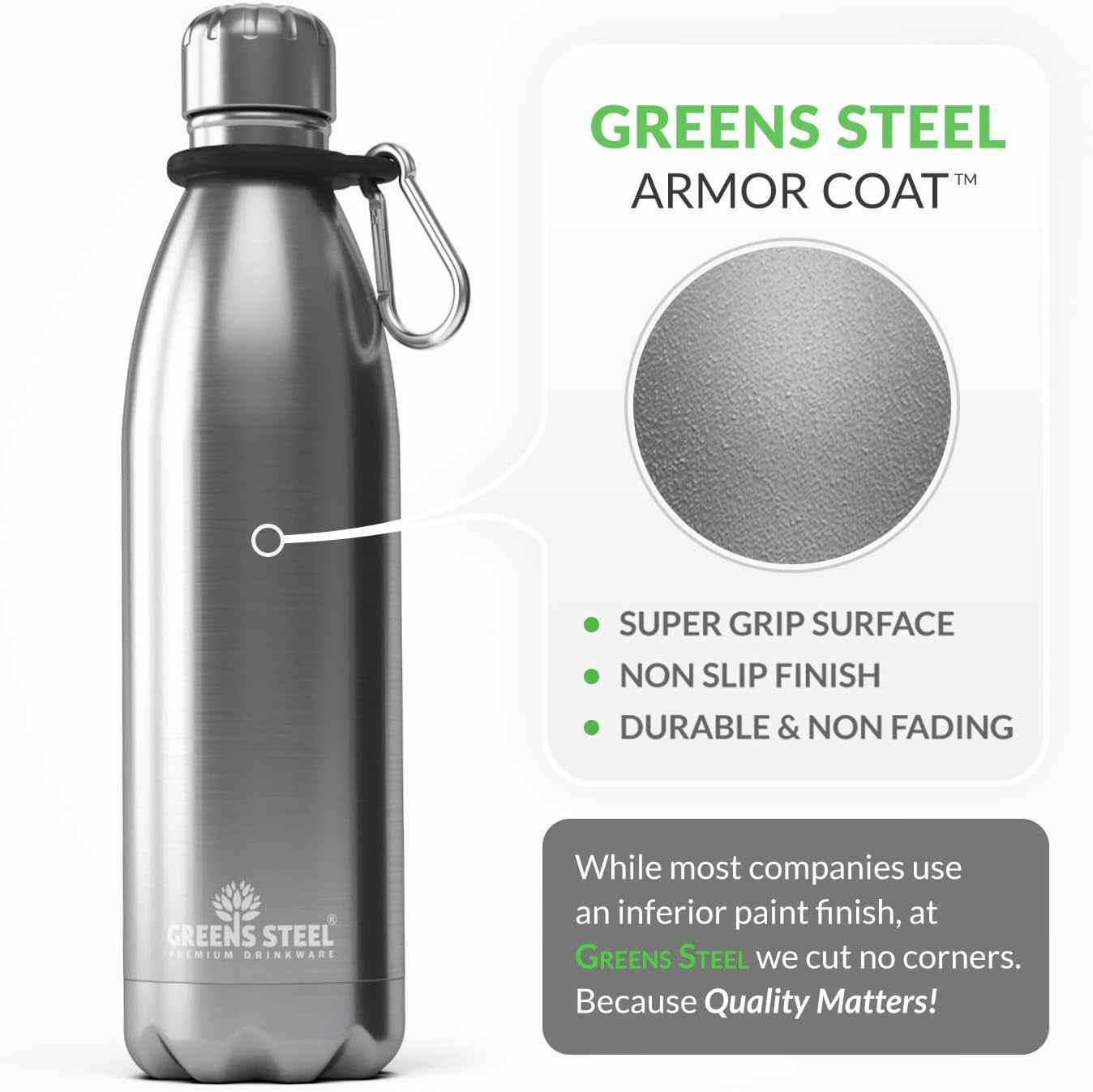 Stainless Steel Water Bottle - 17 Oz, Steel | Vacuum Insulated Double Wall with Screw Lid/Leak Proof | Thermal Travel Sports Canteen Coffee Flask