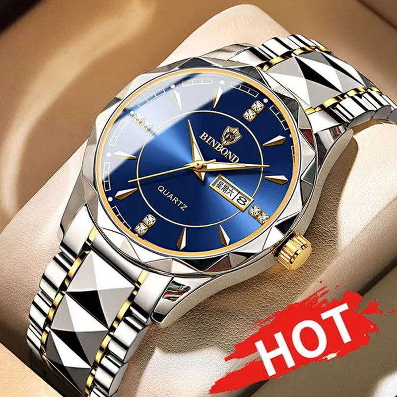 BINBOND Men's Fashion Quartz Watches Ultra Thin Diamond Stainless Steel Watch Waterproof Luminous Wrist Watch