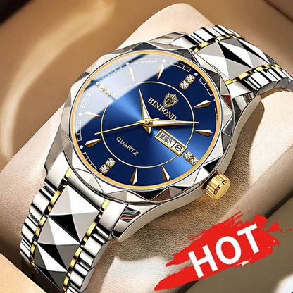 BINBOND Men's Fashion Quartz Watches Ultra Thin Diamond Stainless Steel Watch Waterproof Luminous Wrist Watch