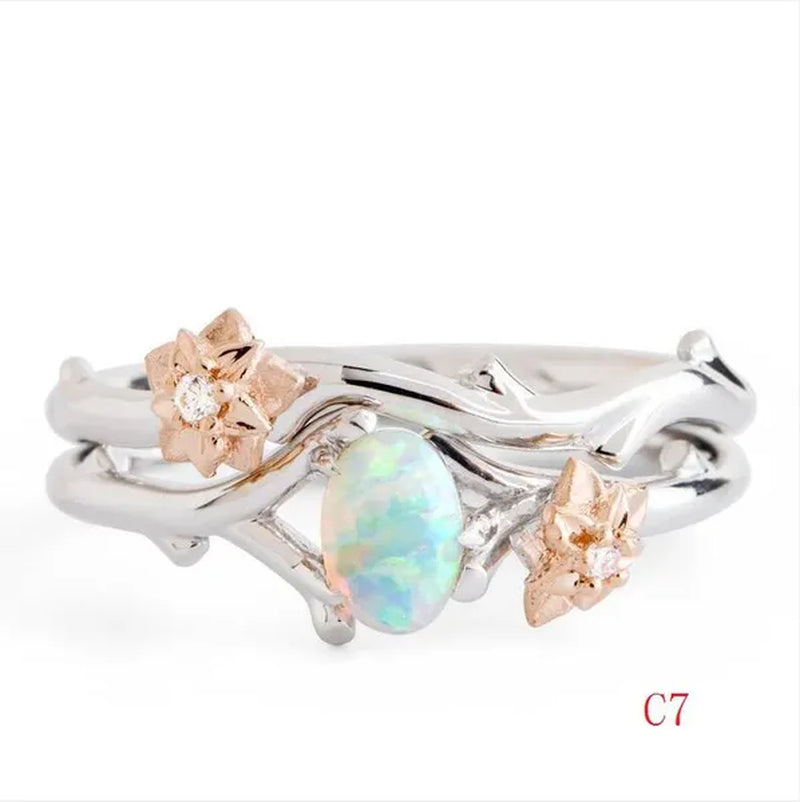 Vintage Maple Leaves & Flower Ring Set Antique Silver Women'S Fashion Twig Leaf Opal & Moonstone Ring Anniversary Gift Engagement Bridal Wedding Jewelry Rings Size 5-10