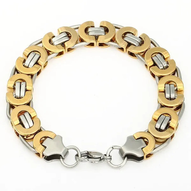 11mm Mens Chain Flat Byzantine Bracelet Gold Silver Tone Stainless Steel Bracelet 7-11 inch